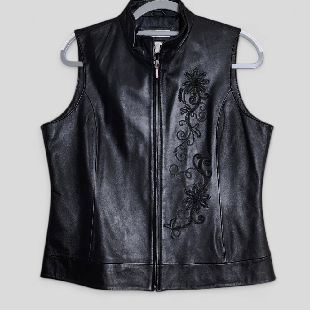 Coldwater Creek Women's Black Leather Embroidered Vest